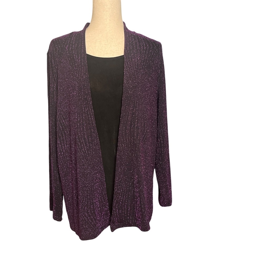 J Collection Purple Metallic Sparkle Open Front Cardigan Attached Top Size Large